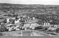 Økernbråten (1955) bak og Bjerkedalen (1957) nærmest. Bjerkedalen park mellom. Foto: Edmond Jaquet/Widerøes Flyveselskap/Oslo byarkiv (1963).