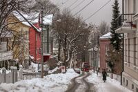 Parti fra Bolteløkka allé med Bolteløkka skole i bakgrunnen til høyre. Foto: Leif-Harald Ruud (2010).