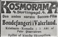 Annonse for filmen Bondefangeri i Vaterland på Kosmorama. Fra Morgenbladet 17. november 1911.