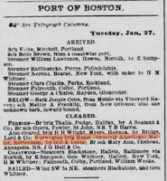 1874: Brigg Home klargjøres fra Boston. Utskiping ivaretas av "Lord & Co" i Boston, og i Rotterdam, Nederland, skal skuta tas i mot av "Gill & Loots. (Kilde: Boston Post 28/1 1874, formidlet av Lucy Hereford, Phillips Library, Peabody Essex Museum, USA 2025)