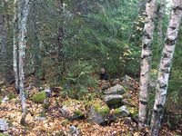 Nordsiden av dammen, med rester av fundamentet for damhytta. (Foto: Bent Ek, oktober 2022)