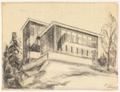 Poulssons tegning av villa for professor Helga Eng i Bregneveien 27 i Oslo (1932), og hvor hun bodde resten av livet. Tegning: Magnus Poulsson/Nasjonalmuseet (1932)