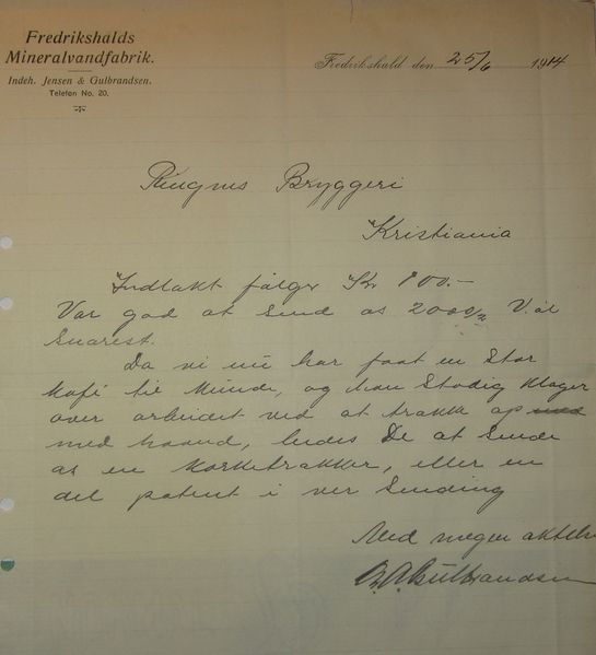 Fil:Brev fra Fredrikshald Mineralvandfabrik 1914.JPG