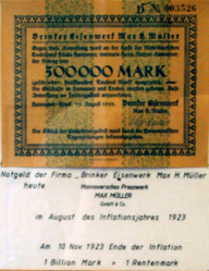 I mangel av logo nytter vi dette gjeldspapiret fra 1923 som dokumentasjon på Brinker Eisenwerk.