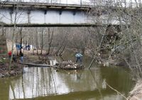 Bruas stålkonstruksjon fra 1979. Foto tatt fra nord da Sagelvas Venner i 2010 fjernet trær for å hindre utsprengning av det midtre fundamentet for brua fra 1865.