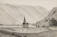 Kyrkja og Nese teikna frå omlag same staden i 1847.
