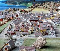 Bymodellen Sandefjord utført av kunstneren Anker Eriksen. Nybyen sett fra nord. Til venstre Schanches gate, til høyre Rosenvolds gate. Tidemands gate nr. 2–6 og Rosenvolds gate 9. Foto: Finn Egil Johannessen (1980).