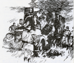 Knottbrann slukkes av tyske soldater utenfor Kjellers hovedport 1942. Skjult på lasteplanet satt 20 flyktninger på vei mot Sverige. Kilde: Vi Menn.