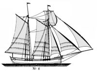 Ein typisk toppseglskonnert frå 1760-åra. Skilnadene mellom skonnert og galeas gikk dels på skroget, som var mearkant meir strømlineforma og skarptsaeflande på skonnerten, og dels på at aktre master var jamnhøg eller høgre enn fremre master på skonnerten, medan aktre master på galeasen var markant lægre.