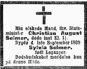 Christian August Selmer dødsannonse 1889.jpg