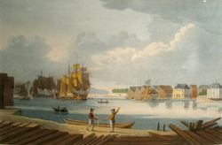 John Edy malte omkring 1820 dette bildet av Christiania havn, ut fra skisser fra omkring 1800. Brinchs kran, som da var flytta, står til venstre i bildet. På høyre side ser man Paleet.
