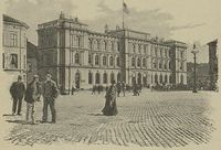 Østbanestasjonen omkring 1894. Tegning fra Christiania og Omegn av Yngvar Nielsen.