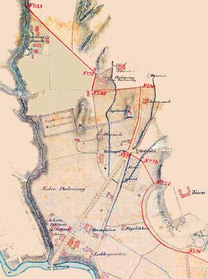 Kart over Mellom og Nedre Dælenenga. Utsnitt av kart utarbeidet av stadskonduktør C. H. Grosch i 1857. Grensen mellom Christiania og Aker er trolig tegnet inn etter utvidelsen.