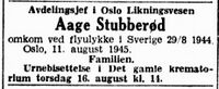 Dødsannonse for Aage Stubberød i Aftenposten 13. august 1945.