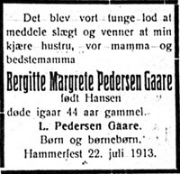 25. Dødsannonse Bergitte Margrete Pedersen Gaare i Harstad Tidende 28. juli 1913.jpg