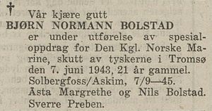 Dødsannonse Bjørn Normann Bolstad BT 1945-09-15.JPG