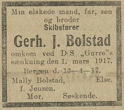 Dødsannonse over kaptein Gerhard J. Bolstad, Bergens Tidende 14. april 1917.