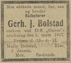 Dødsannonse Gerhard J. Bolstad Bergens Tidende 1917-04-14.JPG