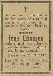 Dødsannonse over stuert Jens Eliassen, Bergens Tidende 31. mars 1917.