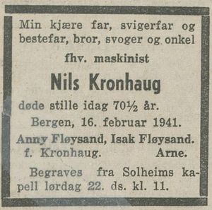 Dødsannonse Nils Olsen Kronhaug Bergens Tidende 1941-02-20.JPG