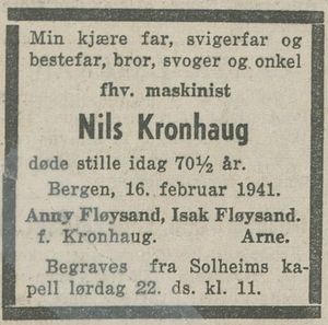 Dødsannonse Nils Olsen Kronhaug Bergens Tidende 1941-02-20.JPG