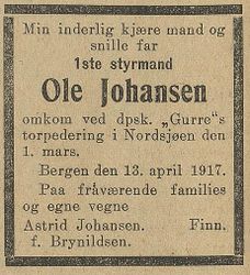 Dødsannonse over førstestyrmann Ole Johansen, Bergens Tidende 13. april 1917.