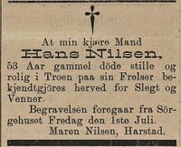 17. Dødsannonse for Hans Nilsen i Tromsø Amtstidende 30.06. 1898.jpg