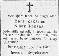 24. Dødsannonse for Hans Zakarias Nilsen Rensaa i Haalogaland 11.05. 1907.jpg