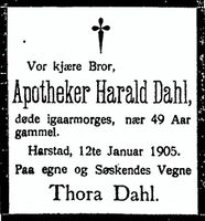 Det ble søster Thora's tunge plikt å få kunngjort dødsfallet i Harstad Tidende. Annonsen sto på trykk torsdag 12. juni 1905.
