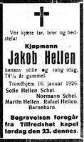 67. Dødsannonse for Jakob Hellen i Inntrøndelagen 20.1. 1926.jpg