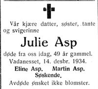 6. Dødsannonse for Julie Asp i Nord-Trøndelag og Nordenfjeldsk Tidende 18. 12. 1934.jpg