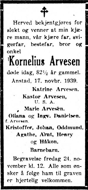 Dødsannonse for Kornelius Arvesen i Harstad Tidende 22. november 1939.jpg