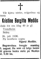 30. Dødsannonse for Kristine Bergitte Mediås i Inntrøndelagen og Trønderbladet 31.7.1936.jpg