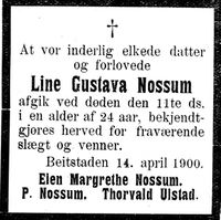 451. Dødsannonse for Line Gustava Nossum i Indtrøndelagen 18.4.1900.jpg