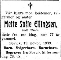 185. Dødsannonse for Mette Sofie Ellingsen i Harstad Tidende 22. november 1939.jpg