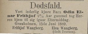 Dødsannonse for Odin Einar Frithjof Wangberg i Tromsø Stiftstidende 20.06. 1889.jpg