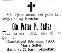 134. Dødsannonse for Ole Petter N. Setter i Nord-Trøndelag og Nordenfjeldsk Tidende 14.03.33.jpg