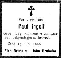 29. Dødsannonse for Paul Ingolf Bruheim i Indtrøndelagen 20.6.1906.jpg