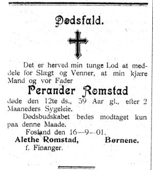 Dødsannonse for Perander Romstad i Namdalens Folkeblad 17.9.01.jpg