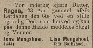 Dødsannonse for Ragna Mengshoel i Oplandenes Avis 13.04. 1895.jpg