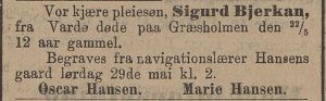 Dødsannonse for Sigurd Bjerkan i Tromsøposten 29.05.1897.jpg