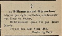 336. Dødsannonse for Stiftamtmand Chr. Kjerschow i Tromsø Amtstidende 20.04. 1889 .jpg