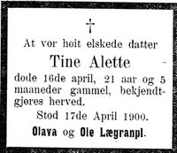 450. Dødsannonse for Tine Alette i Indtrøndelagen 18.4.1900.jpg