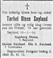 40. Dødsannonse for Torkel Olsen Søyland i Flekkefjord-Posten 23.01. 1919.jpg