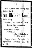 186. Dødsannonse for Ulrikke Lund i Harstad Tidende 22. november 1939.jpg