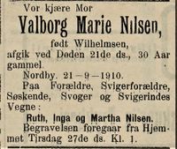 326. Dødsannonse for Valborg Marie Nilsen i Fredriksstad Tilskuer 24.09. 1910.jpg