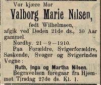 329. Dødsannonse for Valborg Marie Nilsen i Fredriksstad Tilskuer 24.09. 1910.jpg