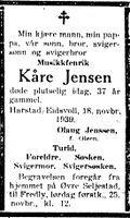 187. Dødsannonse for musikkfenrik Kaare Jensen i Harstad Tidende 22. november 1939.jpg