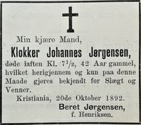 62. Dødsannonse klokker Johannes Jørgensen i Menneskevennen 22.10. 1892.jpg