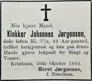 Dødsannonse klokker Johannes Jørgensen i Menneskevennen 22.10. 1892.jpg